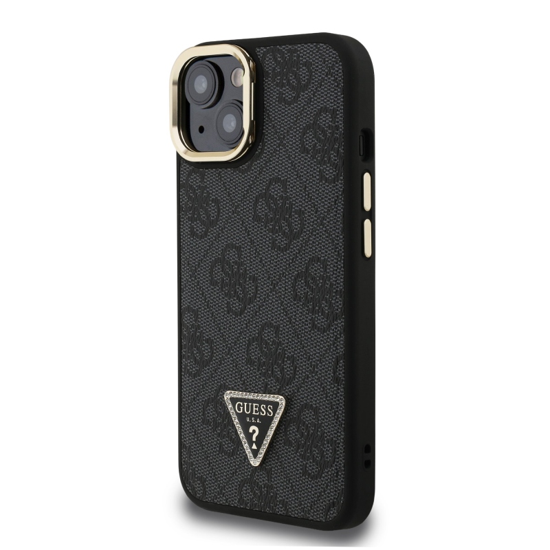Guess PU 4G Strass háromszög logó állvány kamerakeret MagSafe hátlapi borító iPhone 14 Fekete