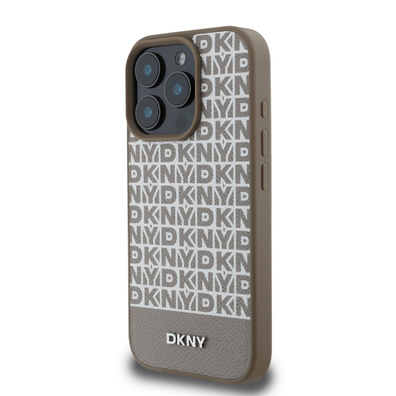 DKNY PU bőr Ismétlődő mintás alsó csík MagSafe hátlap iPhone 16 Pro barna színű borítóhoz