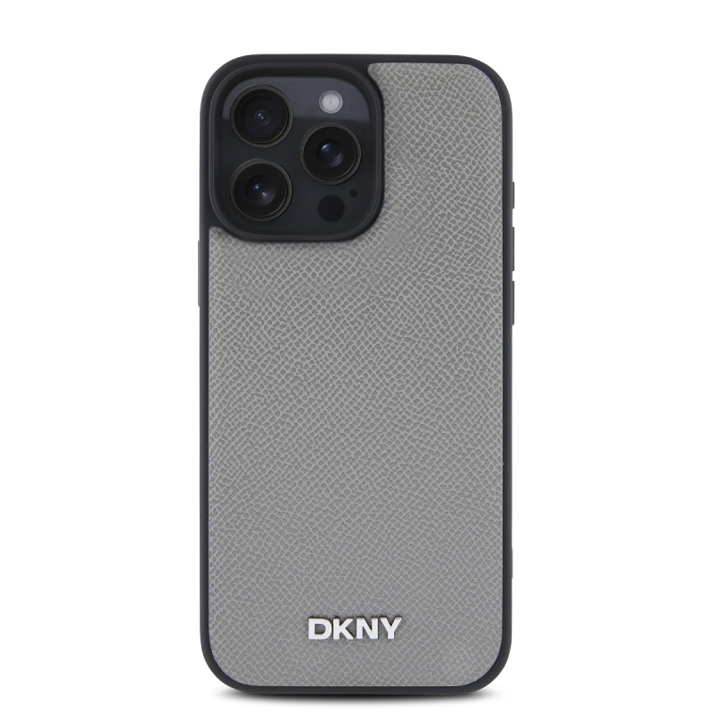 DKNY PU bőr ezüst fém logó Magsafe hátlap iPhone 16 Pro Max szürke szürkéhez