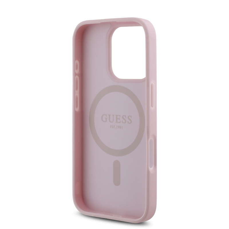 Guess PU szemcsés 4G kis fém logós MagSafe hátlap iPhone 16 Pro rózsaszínű iPhone 16 Pro számára