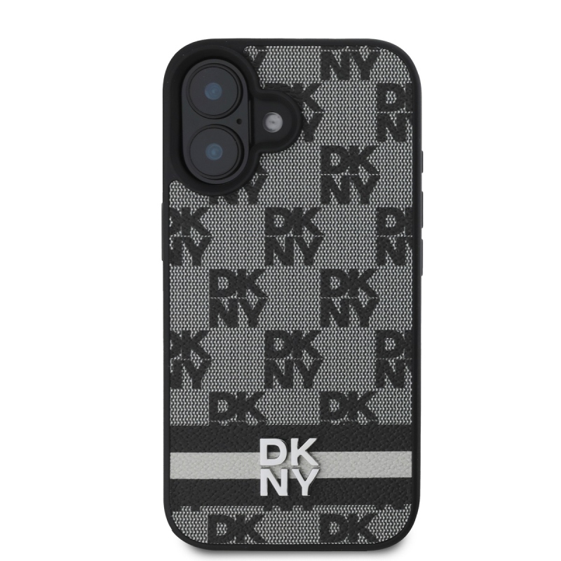 DKNY PU bőrből készült kockás mintás és csíkos hátlapi borító iPhone 16-hoz Fekete