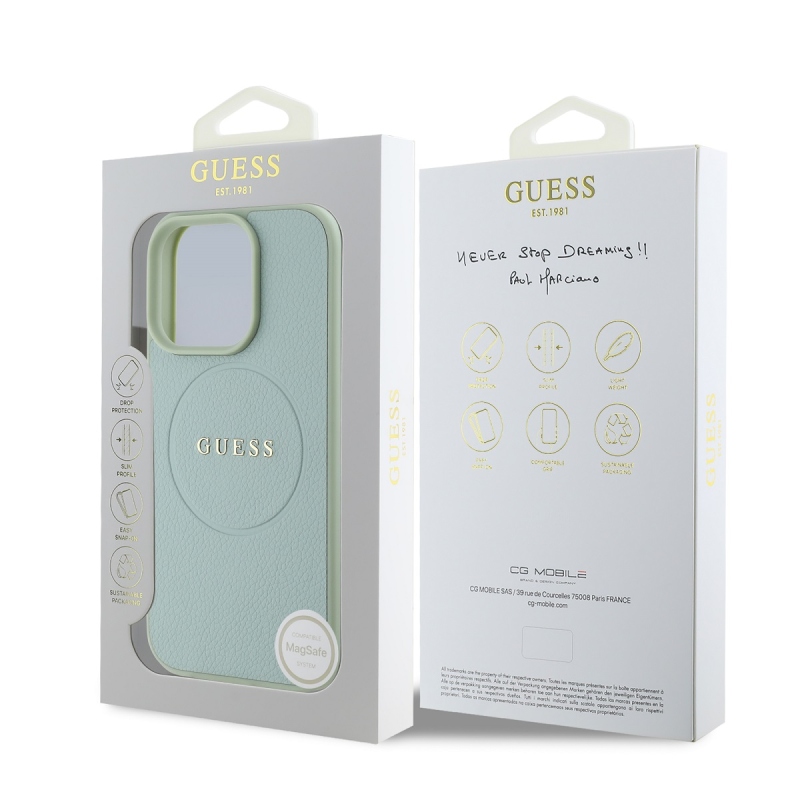 Guess PU szemcsés klasszikus logós MagSafe hátlap iPhone 16 Pro Max-hoz Zöld