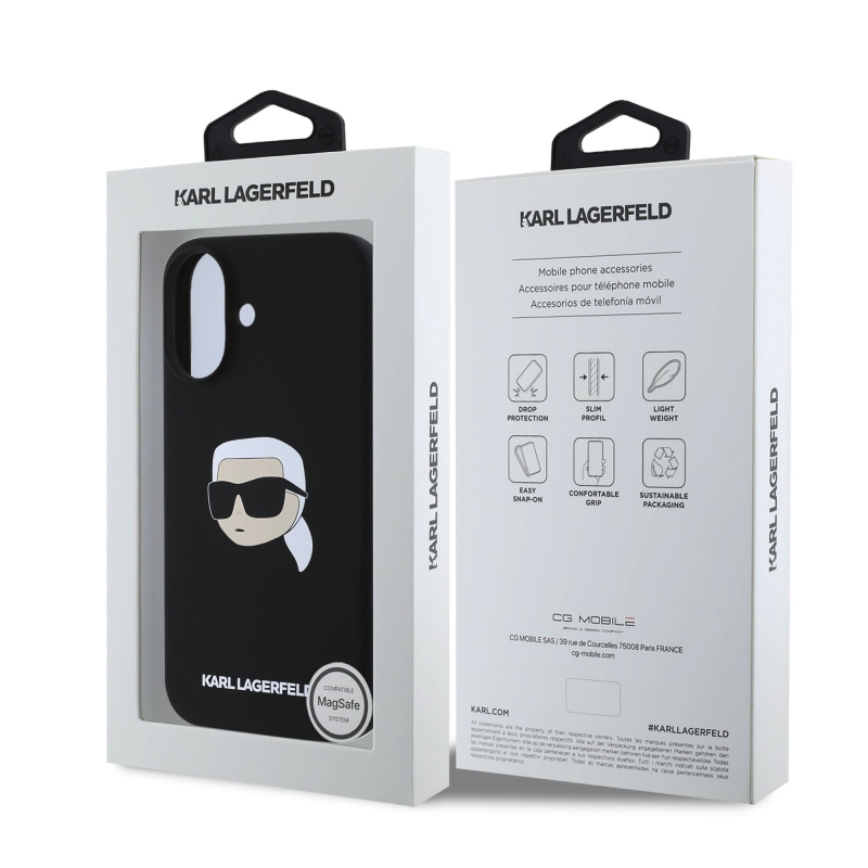 Karl Lagerfeld folyékony szilikon Karl Head MagSafe hátlap iPhone 16-hoz Fekete