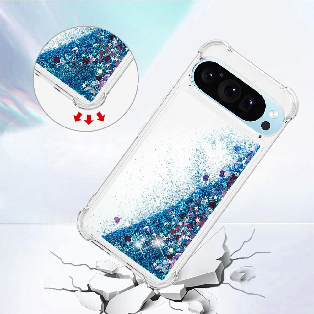 Csillogó homokóra zselés tok Google Pixel 10 Pro/Pixel 10 - kék/szív