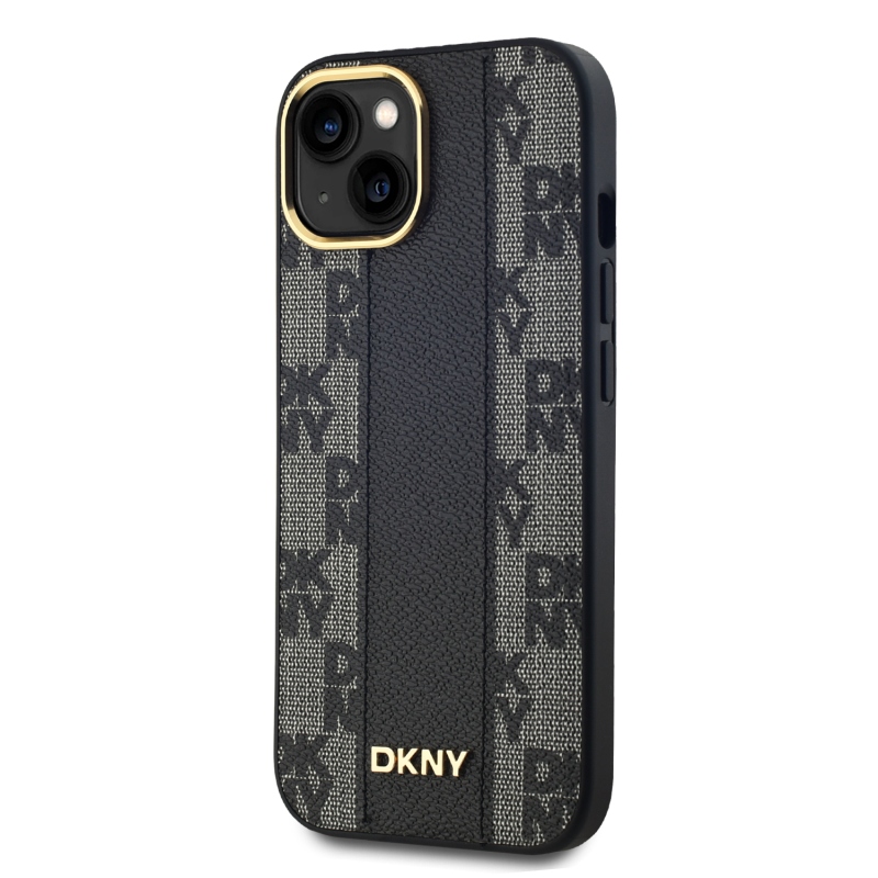 DKNY PU bőr kockás mintás Magsafe hátlap iPhone 15-hez Fekete