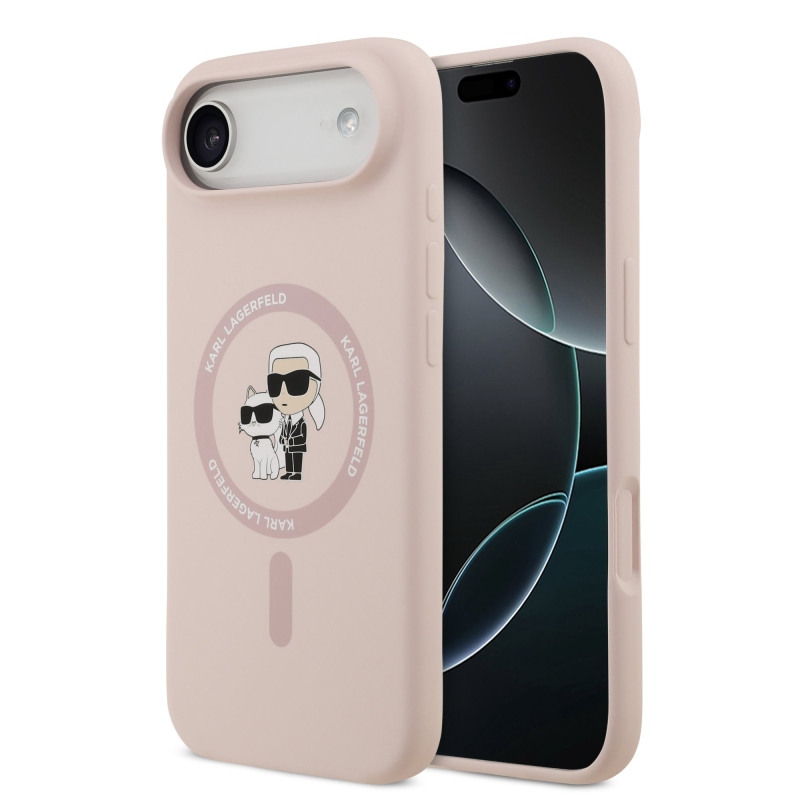 Karl Lagerfeld Folyékony szilikon Karl és Choupette MagSafe hátlap iPhone 17 Air rózsaszínű borítóhoz