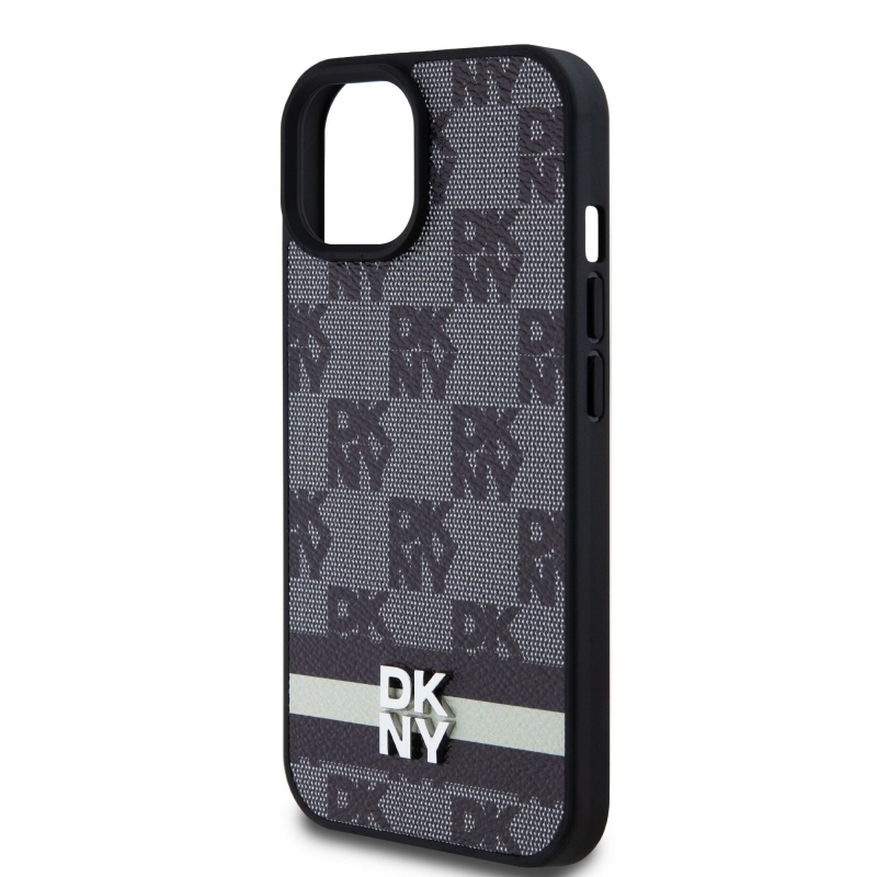 DKNY PU bőr kockás mintás és csíkos hátlapi borító iPhone 15-hez Fekete