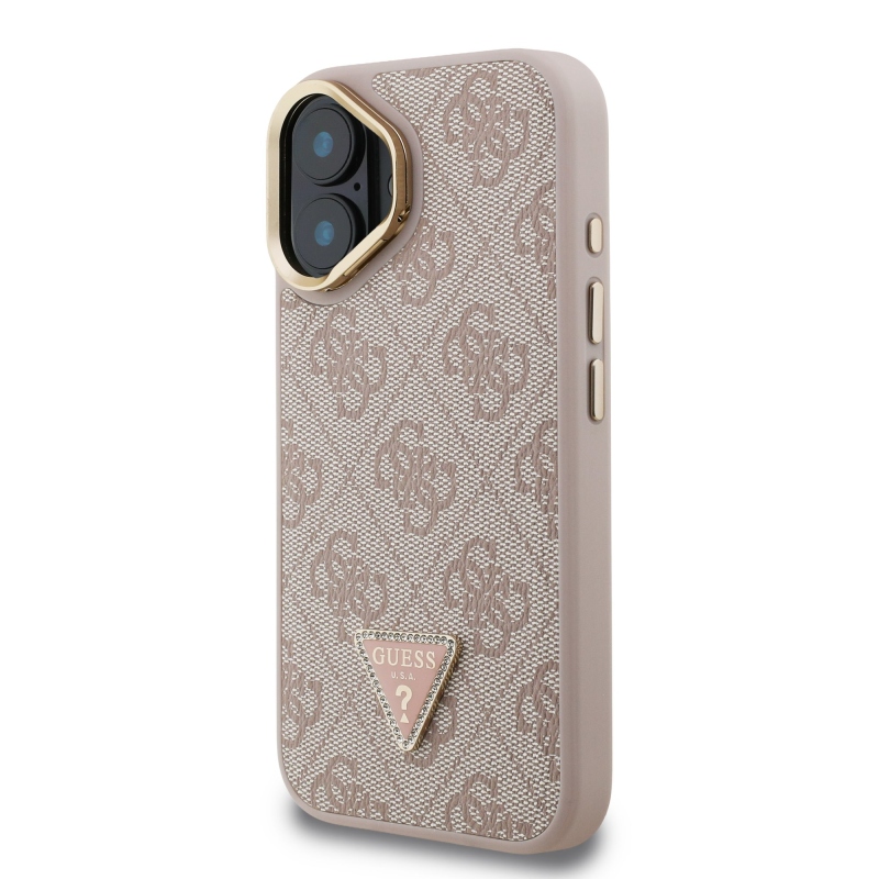 Guess PU 4G Strass háromszög logó állvány kamerakeret MagSafe hátlapi borító iPhone 16 rózsaszínhez