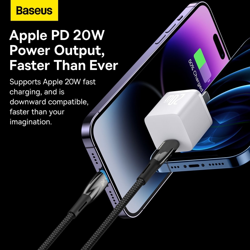 Baseus Glimmer sorozatú gyors töltő adatkábel USB-C - világítás 20W 1m Fekete