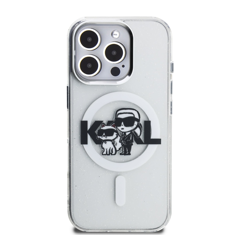 Karl Lagerfeld IML Glitter Karl és Choupette Sketch MagSafe hátlap iPhone 16 Pro átlátszóhoz