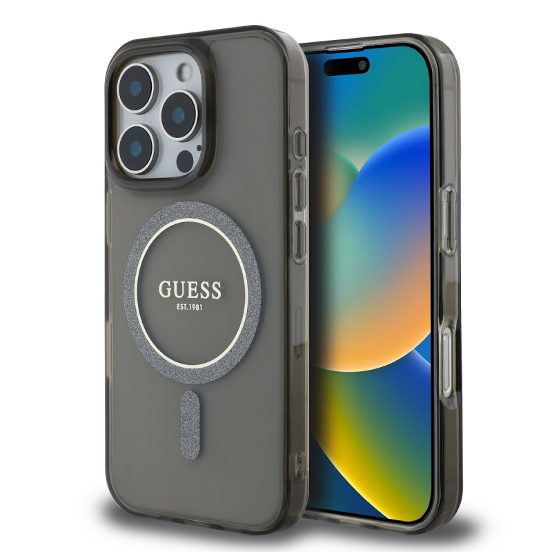 Guess IML Glitter Ring MagSafe hátlap iPhone 16 Pro Fekete