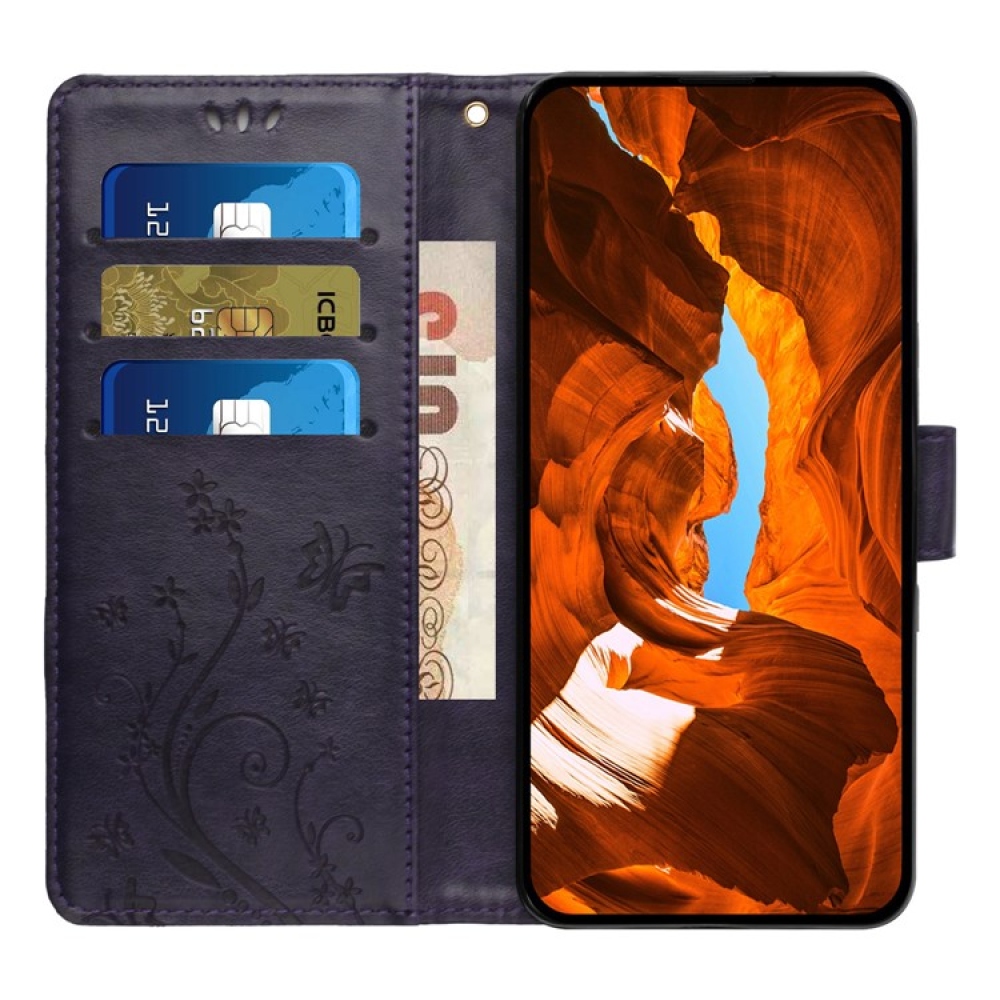 Virágok könyvtáska iPhone 17 Pro készülékhez - sötétlila