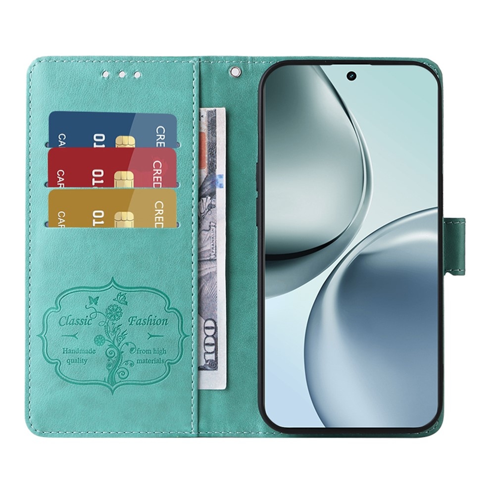 Virágos könyvtáska a Realme 14 Pro+ 5G készülékhez - teal színű