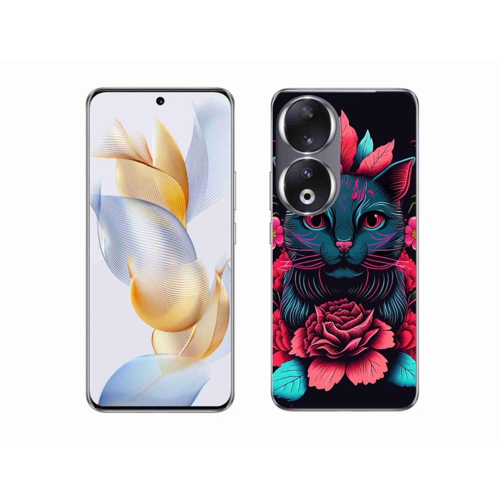 Zselés borító mmCase a Honor 90-hez - virágok és macska