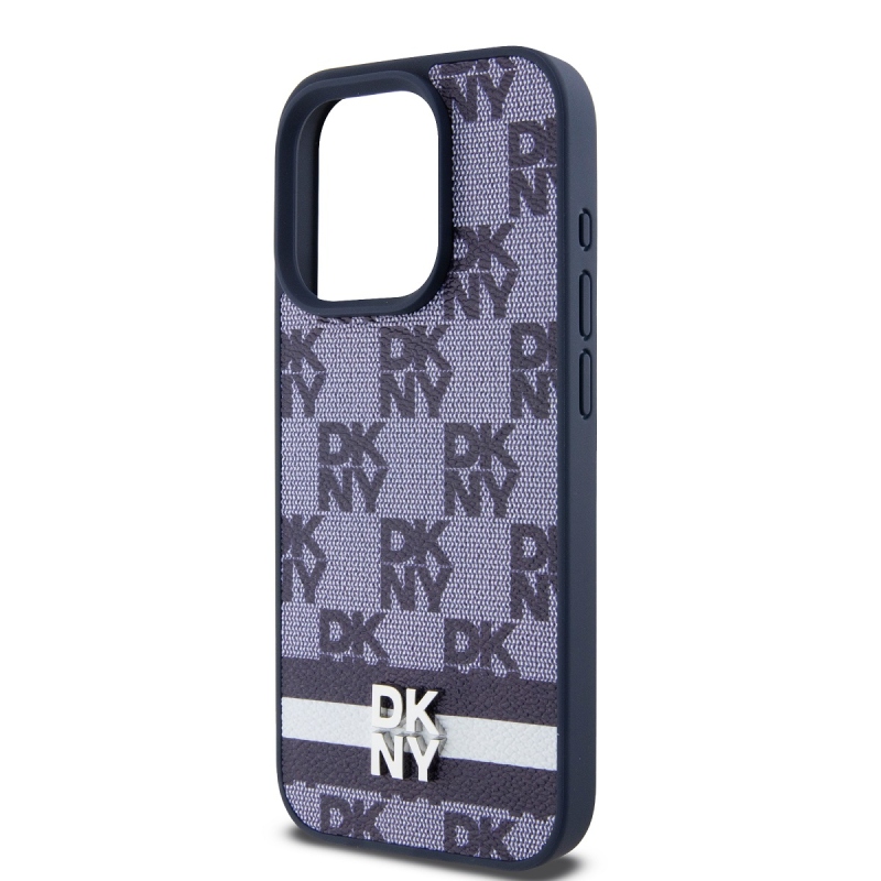 DKNY PU bőr kockás mintás és csíkos hátlapi borító iPhone 15 Pro Max kékhez