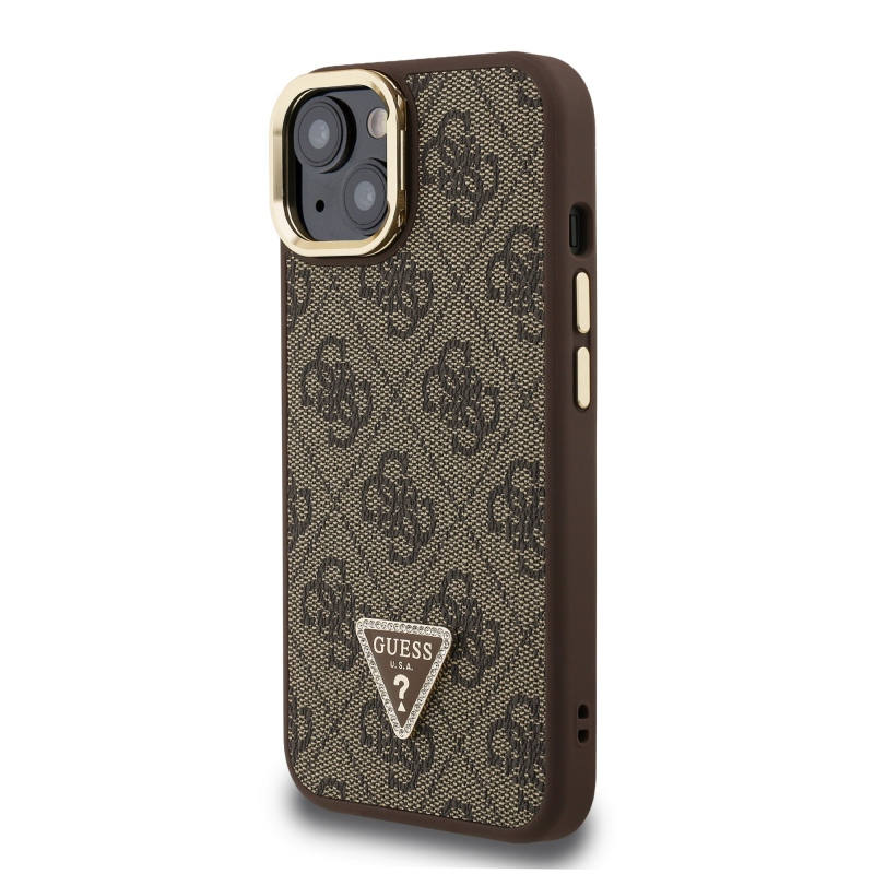Guess PU 4G Strass háromszög logó állvány kamera keret MagSafe hátlapi borító iPhone 13 barna barna