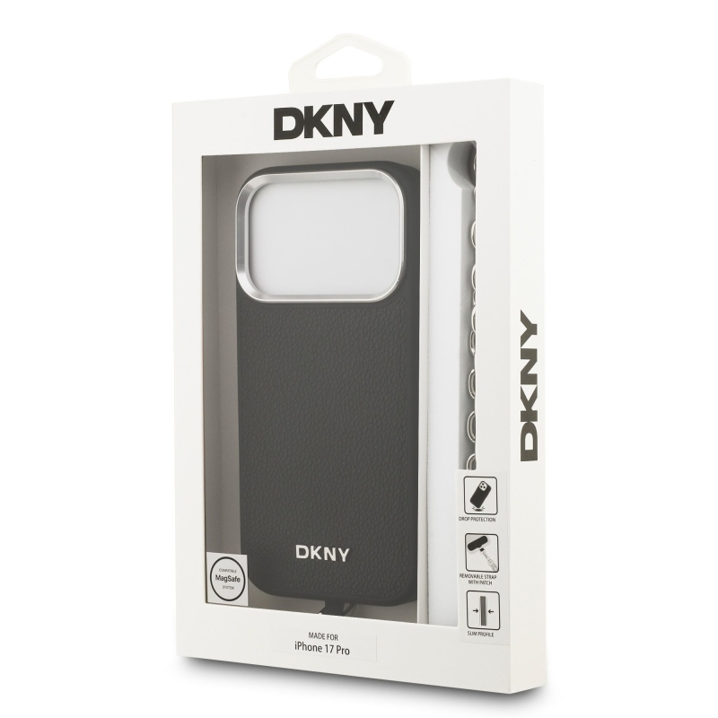 DKNY PU bőr fém logós csuklólánc MagSafe hátlap iPhone 17 Pro fekete színűre