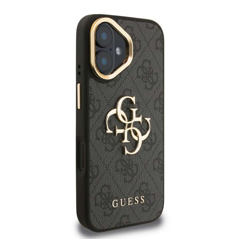 Guess PU 4G fém logó állvány kamera keret hátsó borító iPhone 16-hoz Fekete