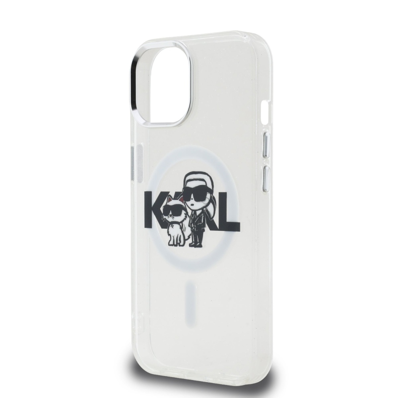 Karl Lagerfeld IML Glitter Karl és Choupette Sketch MagSafe hátlap iPhone 15-hez Átlátszó