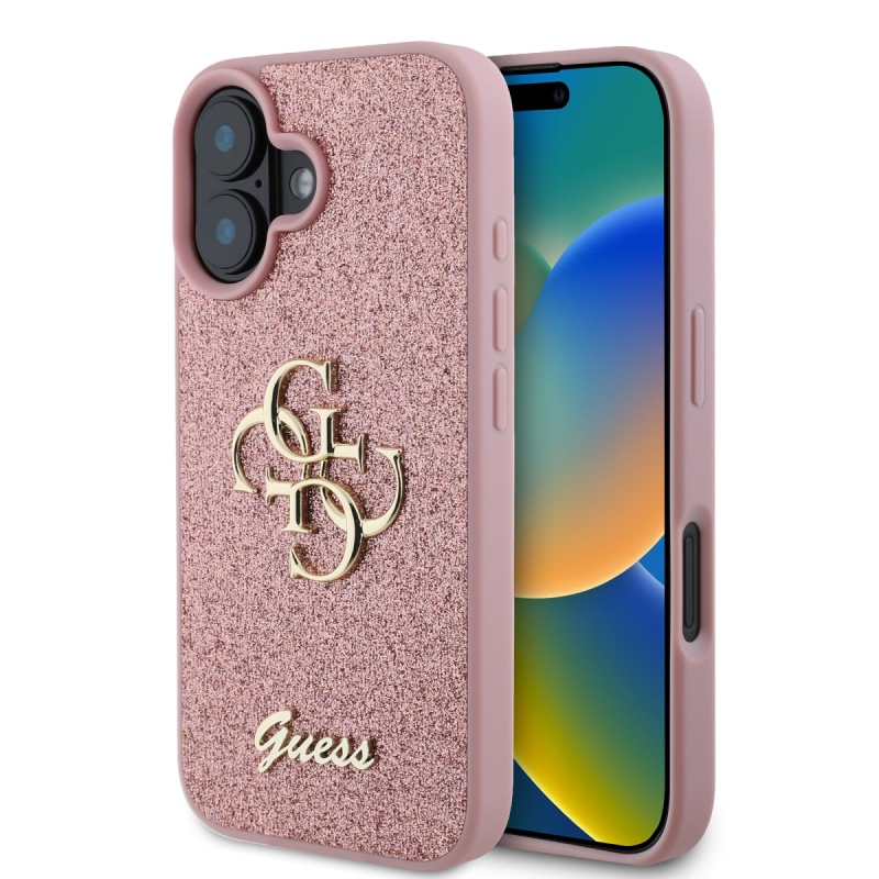 Guess PU Fixed Glitter 4G fém logós hátlap iPhone 16 rózsaszínhez