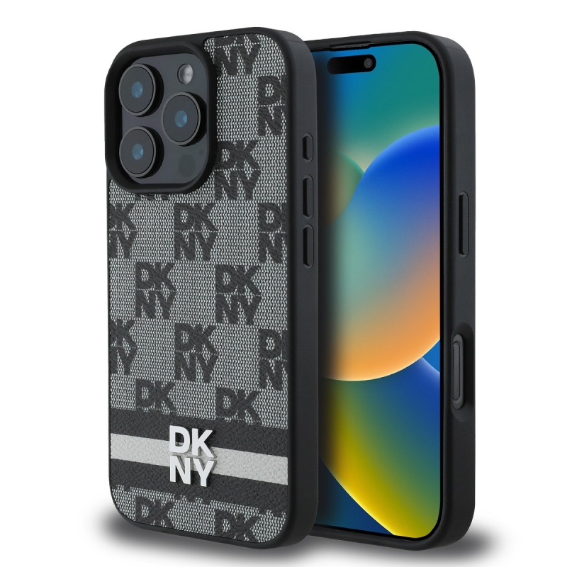 DKNY PU bőrből készült kockás mintás és csíkos hátlapi borító iPhone 16 Pro Max-hoz Fekete