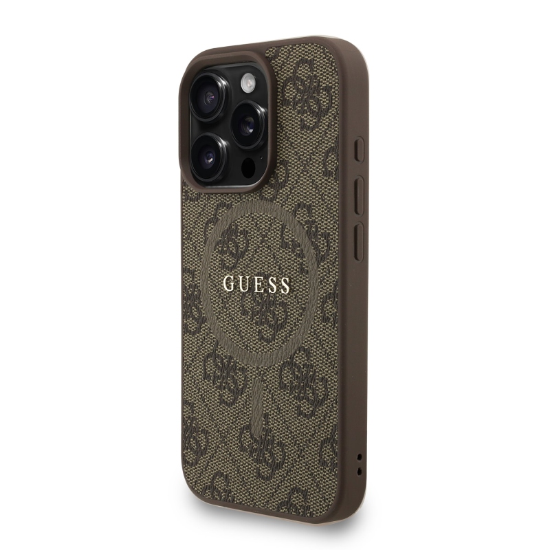 Guess PU bőr 4G színes gyűrűs pánt MagSafe hátsó borító iPhone 16 Pro barna színhez