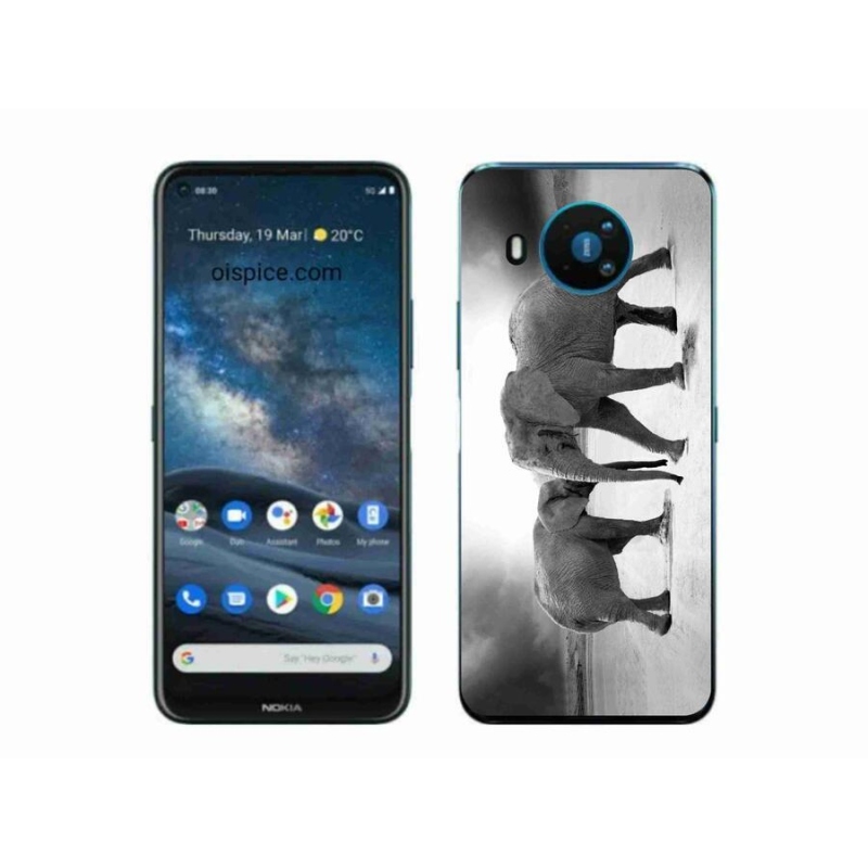 Zselés borítás mmCase a Nokia 8.3 5G készülékhez - fekete és fehér elefántok