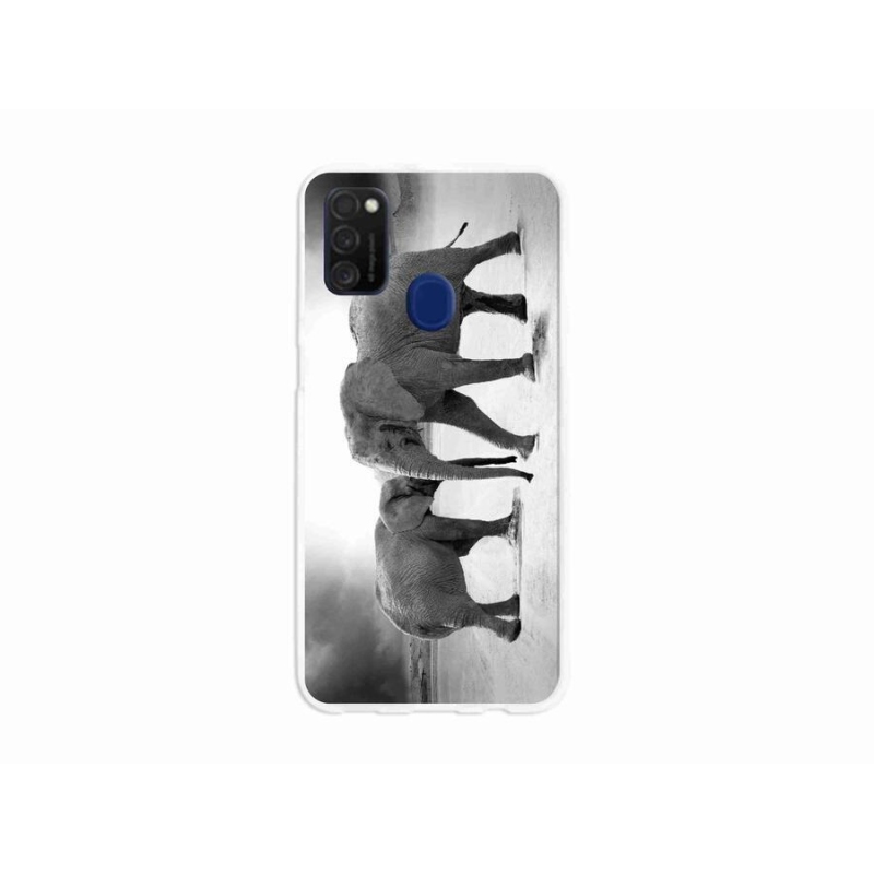 Gél borító mmCase Samsung Galaxy M21 készülékhez - fekete és fehér elefántok