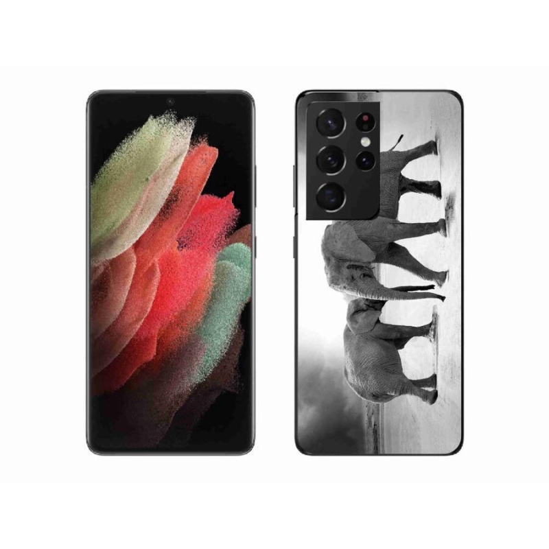 Zselés borítás mmCase Samsung Galaxy S21 Ultra 5G - fekete és fehér elefántokhoz