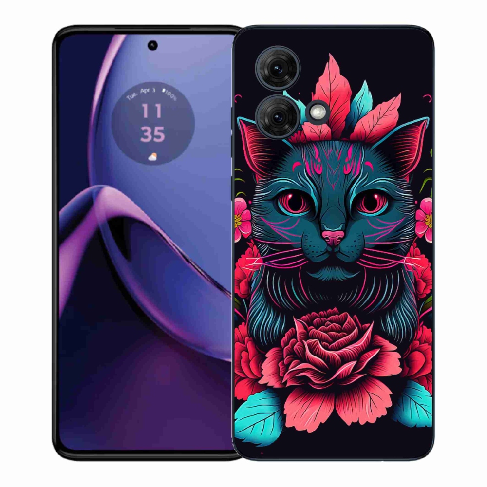 Gél borítás mmCase a Motorola Moto G84 5G-hez - virágok és macska