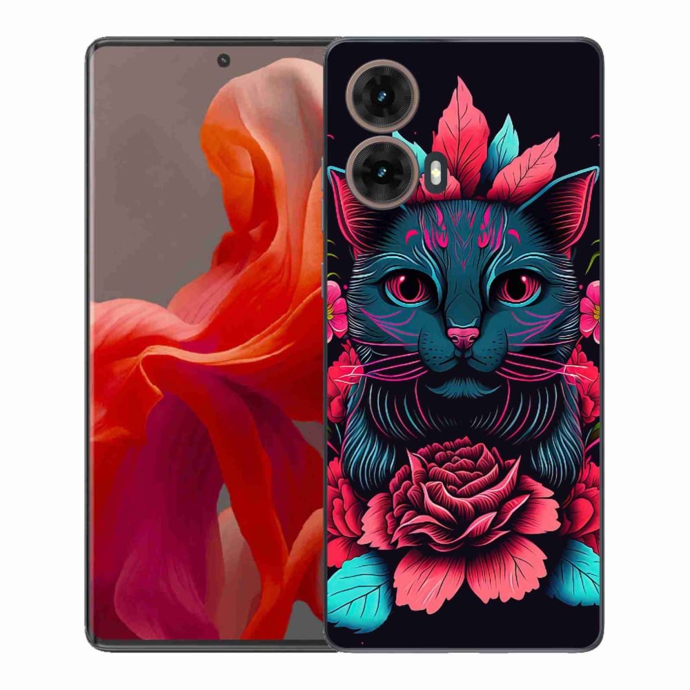 Gél borító mmCase a Motorola Moto G85 5G-hez - virágok és macska