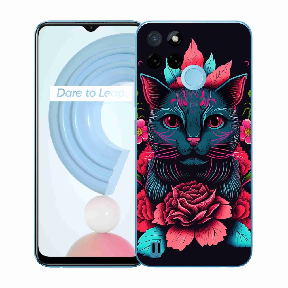 Zselés borító mmCase a Realme C21Y/C25Y készülékhez - virágok és macska