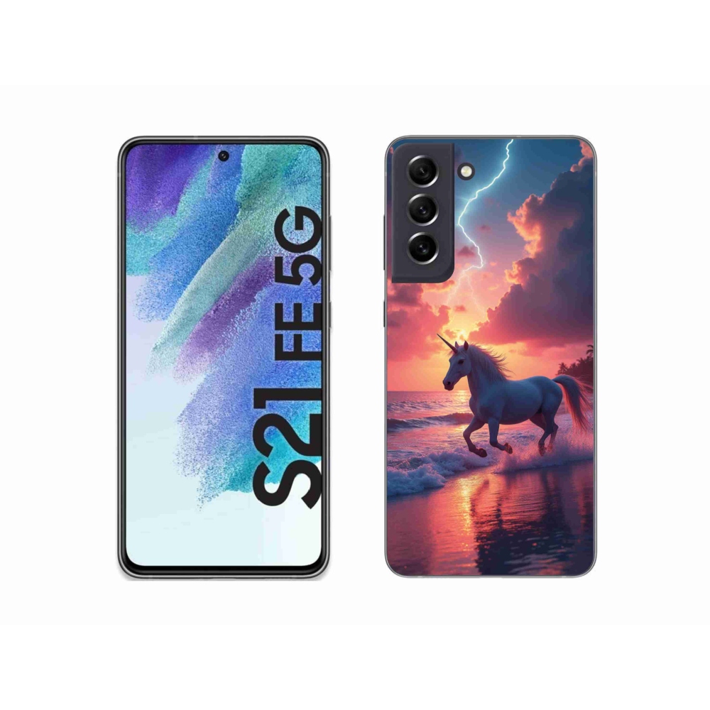 Zselés borítás mmCase Samsung Galaxy S21 FE készülékhez - egyszarvú a tengerparton