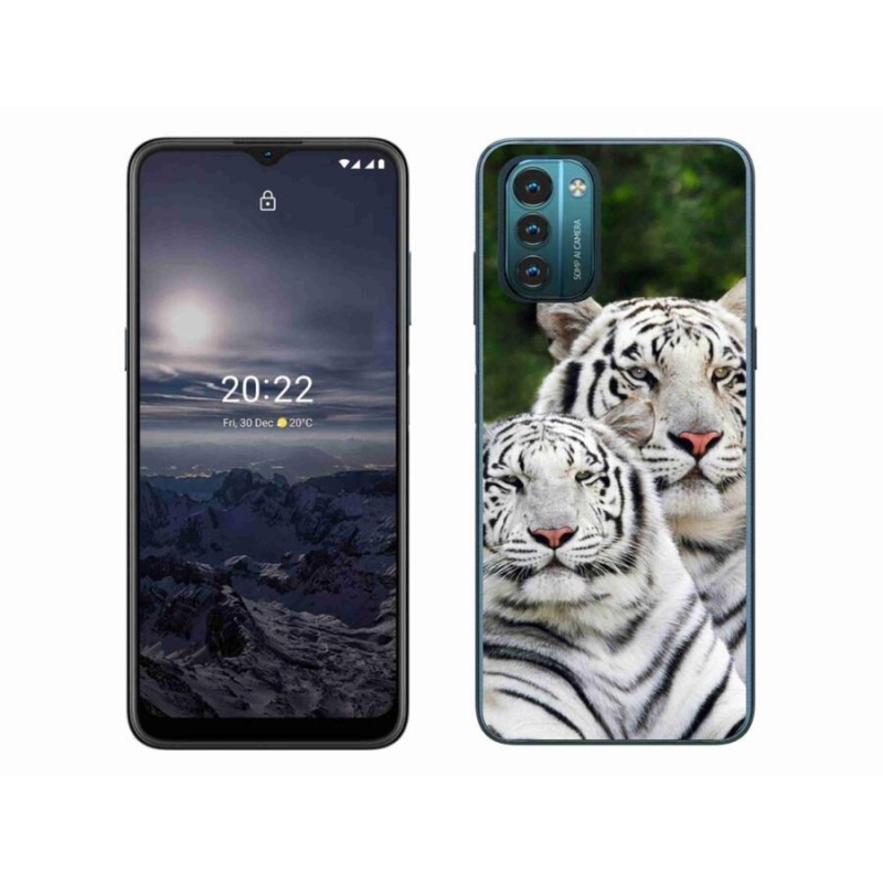 Gél tok mmCase mobiltelefonhoz Nokia G11/G21 - fehér tigrisek