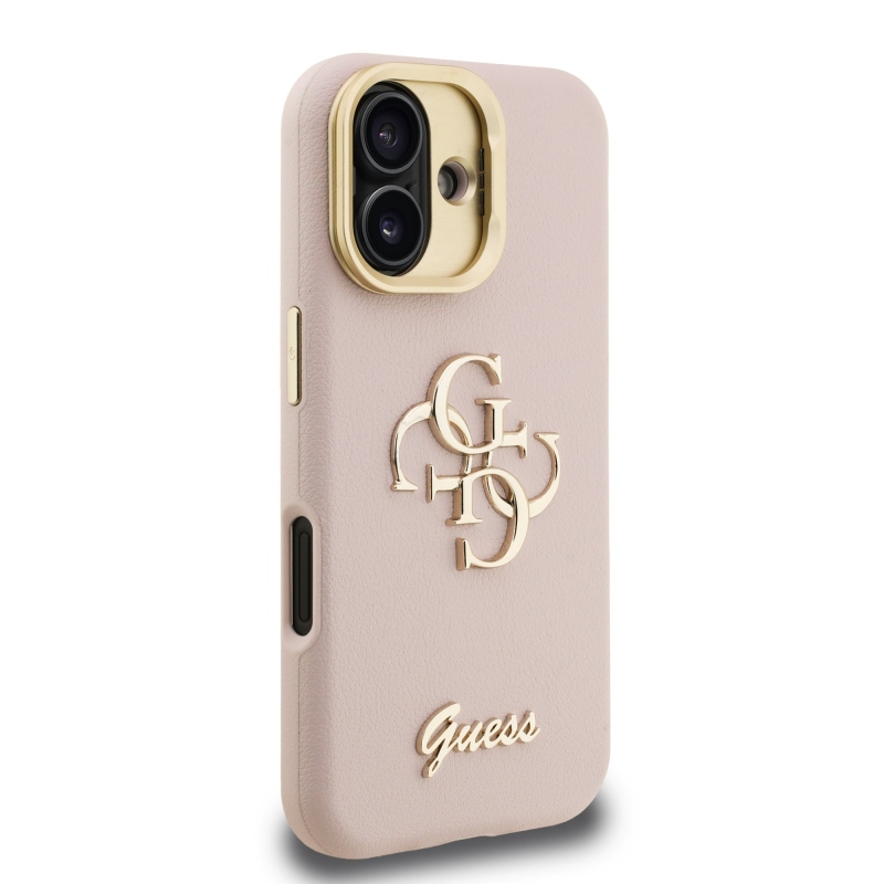 Guess PU szemcsés 4G Logo Stand Kamera keret hátlapi borító iPhone 16 rózsaszínhez