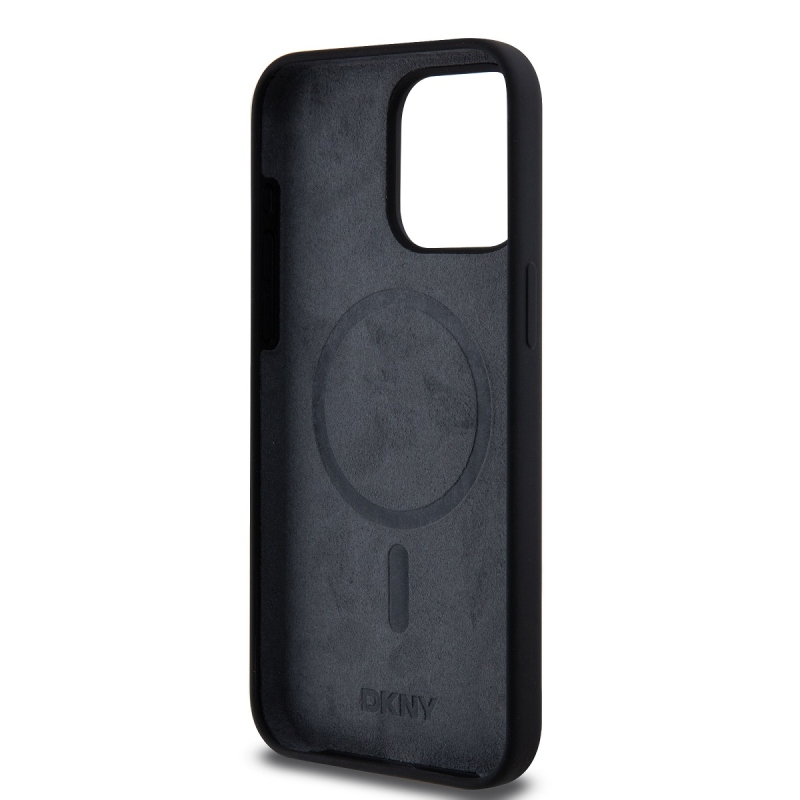 DKNY Liquid Silicone Arch Logo MagSafe hátlapi borító iPhone 14 Pro-hoz Fekete