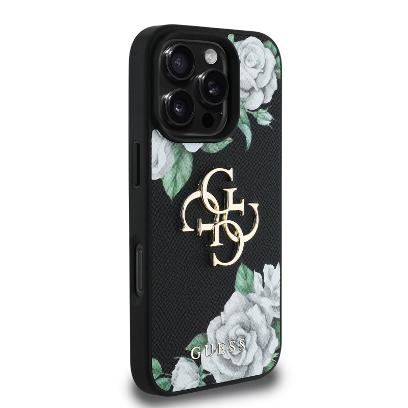 Guess PU szemcsés rózsák 4G fém logó hátlap iPhone 16 Pro fekete
