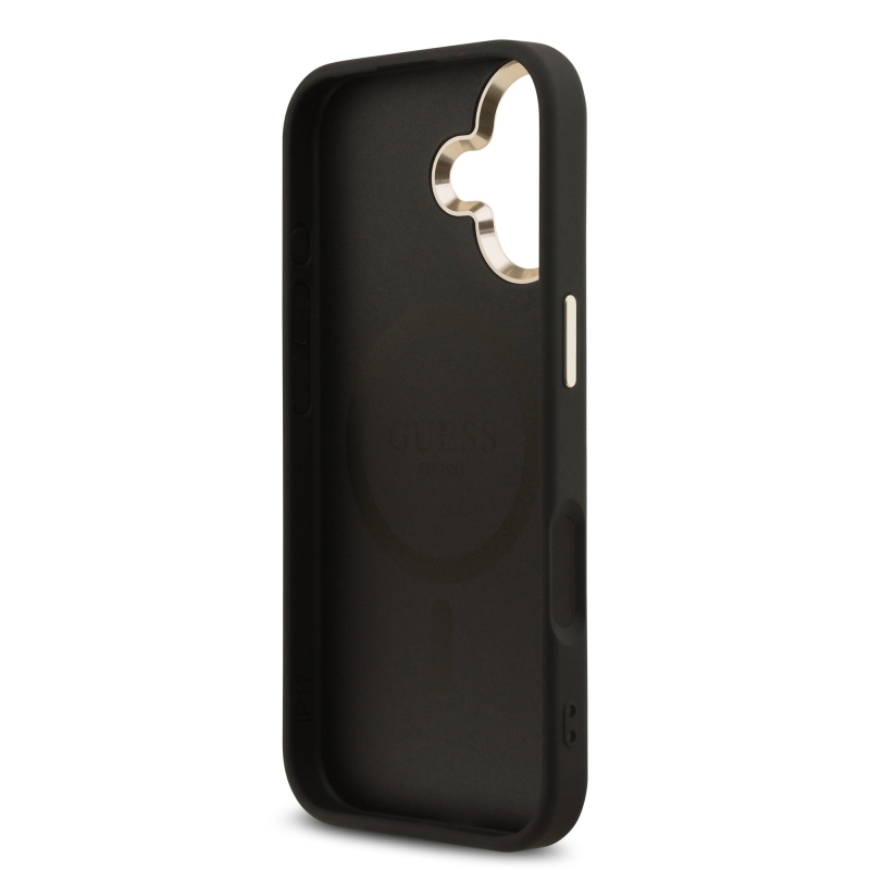 Guess PU bőr 4G háromszög logó arany keret MagSafe hátlap iPhone 17 Fekete fekete