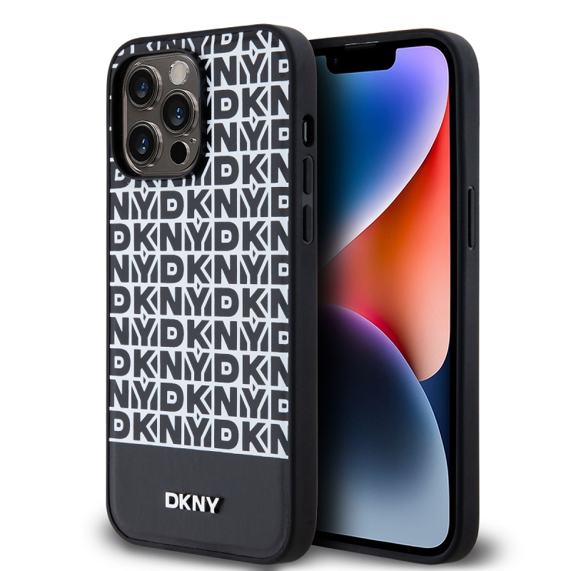DKNY PU bőr ismétlődő mintás alsó csíkos MagSafe hátlap iPhone 15 Pro Max-hoz Fekete