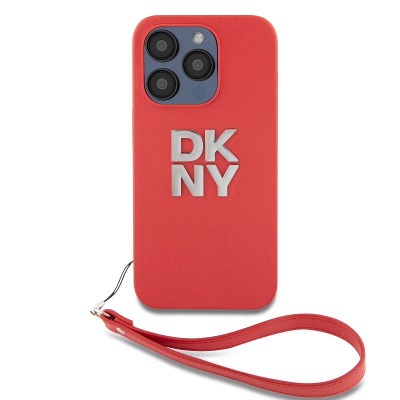 DKNY PU bőr Stack Logo csuklópánt hátlapi borító iPhone 14 Pro piroshoz