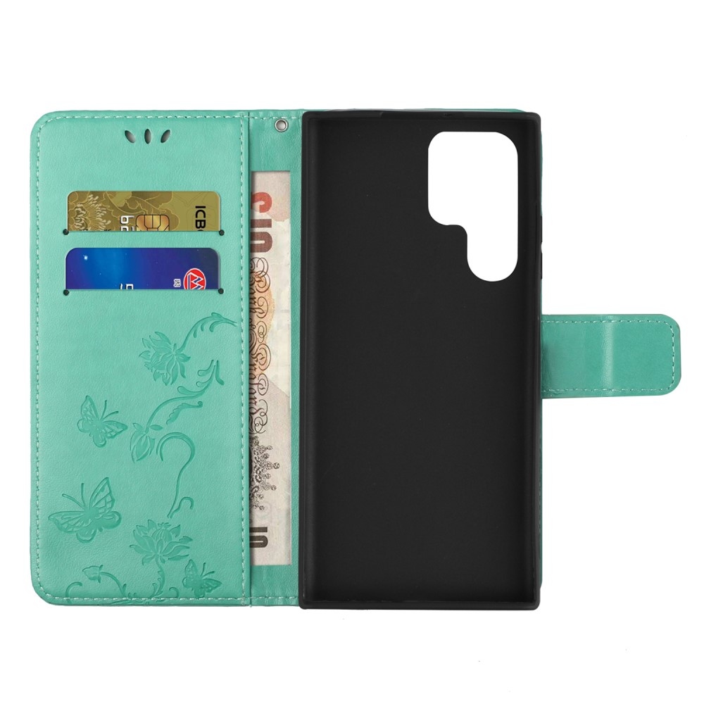 Virágos könyvtáska Samsung Galaxy S24 Ultra készülékhez - teal színű