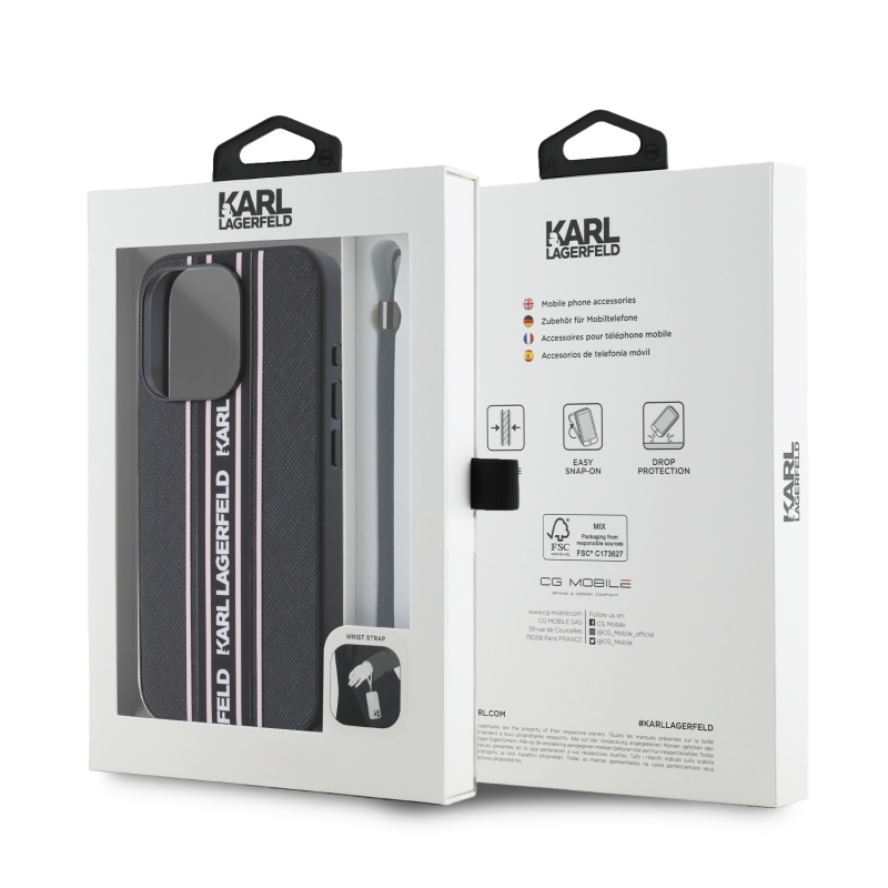 Karl Lagerfeld PU Saffiano Athleisure csíkos és pántos hátlap iPhone 15 Pro Max rózsaszínű készülékhez