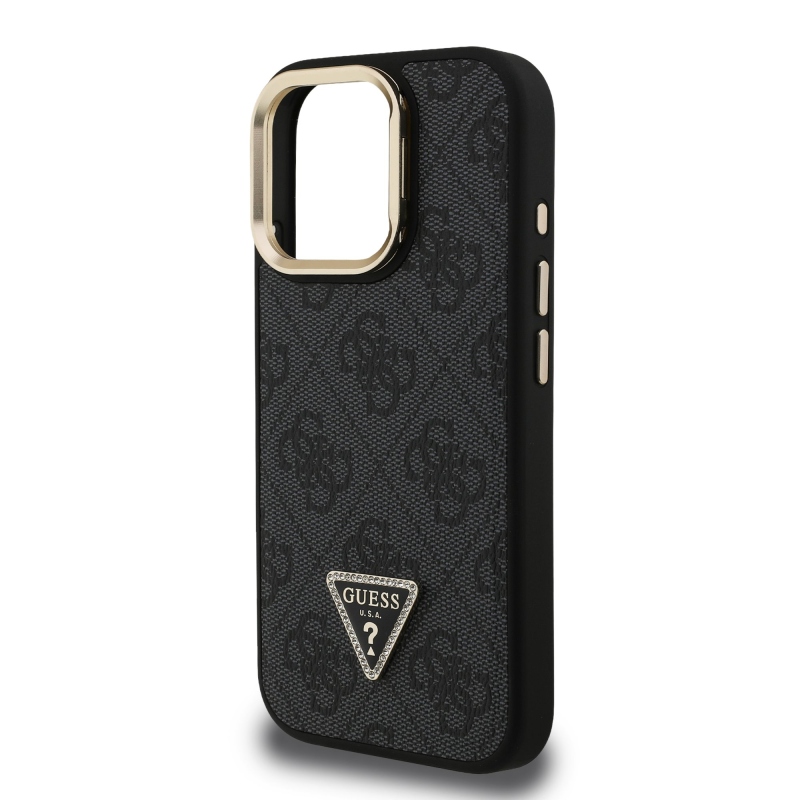 Guess PU 4G Strass háromszög logó állvány kamerakeret MagSafe hátlapi borító iPhone 15 Pro Fekete