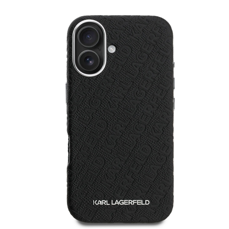 Karl Lagerfeld szemcsés PU ismétlődő logó MagSafe hátlap iPhone 16-hoz Fekete