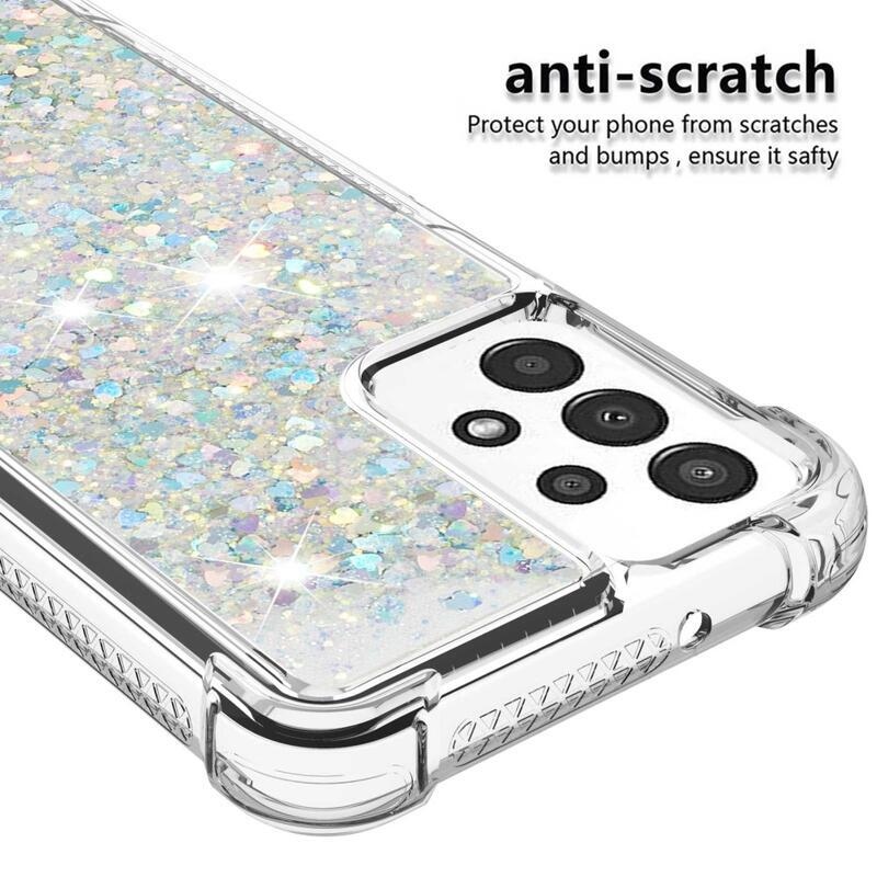Glitter zselés homokóra tok Samsung Galaxy A13 4G készülékhez - ezüst/szívecske