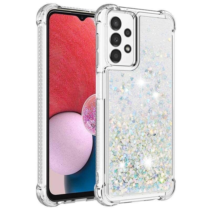 Glitter zselés homokóra tok Samsung Galaxy A13 4G készülékhez - ezüst/szívecske