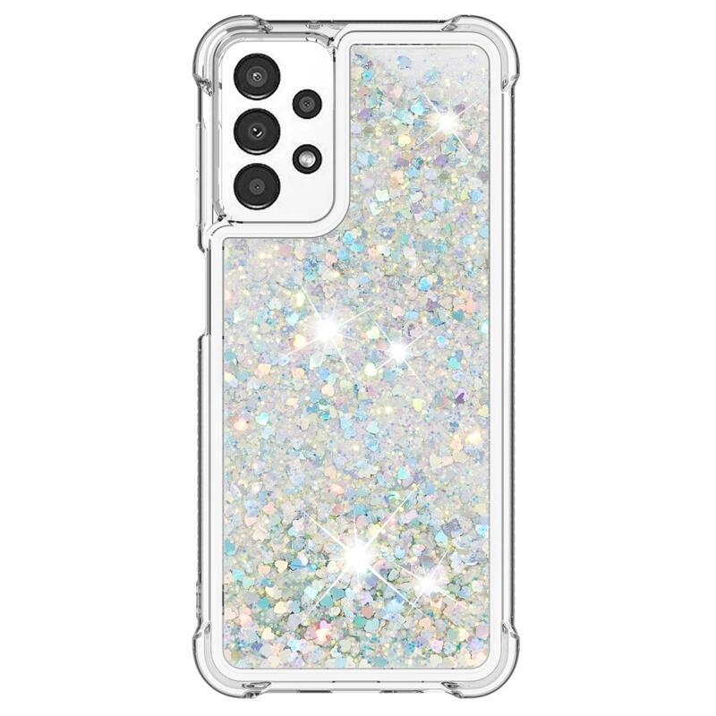 Glitter zselés homokóra tok Samsung Galaxy A13 4G készülékhez - ezüst/szívecske