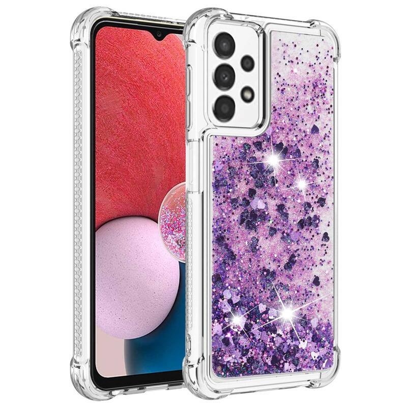 Glitter zselés homokóra tok Samsung Galaxy A13 4G készülékhez - sötétlila/szív