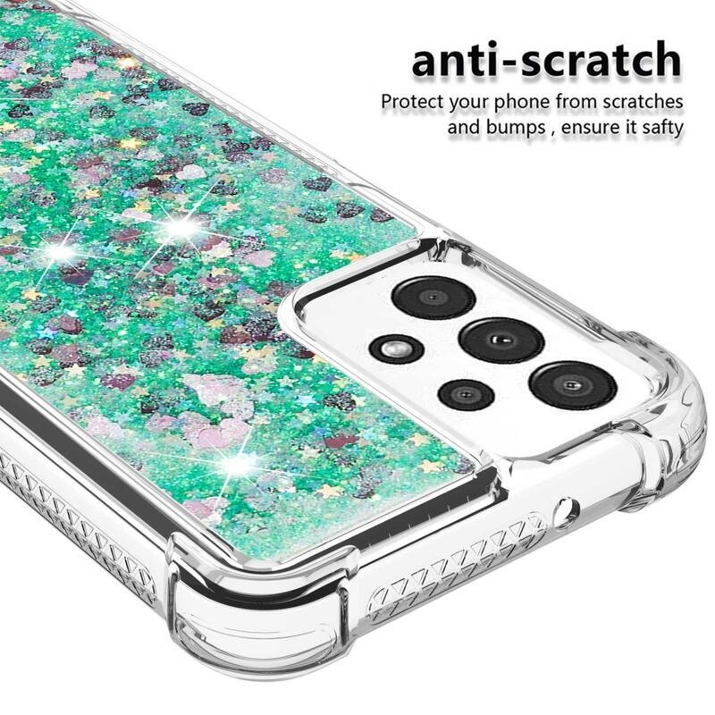 Glitter zselés homokóra hüvely Samsung Galaxy A13 4G - zöld/szívek