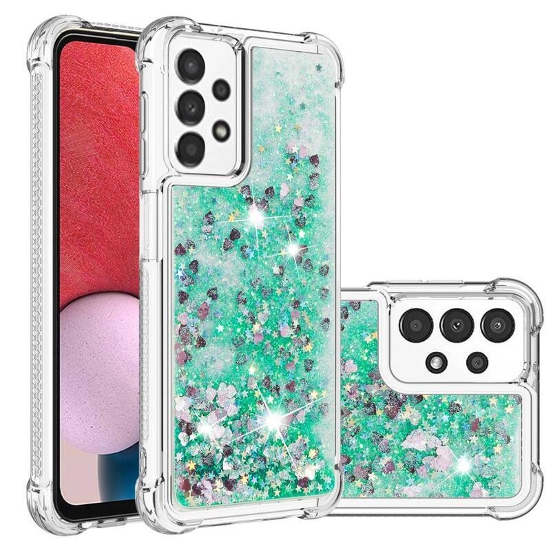 Glitter zselés homokóra hüvely Samsung Galaxy A13 4G - zöld/szívek